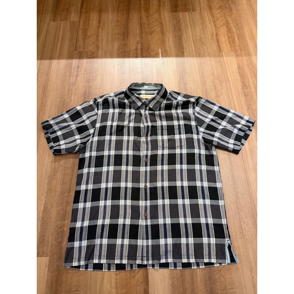 Tommy Bahama Shirt Mens Large Black Plaid 100% Silk Short Sleeve Button Front